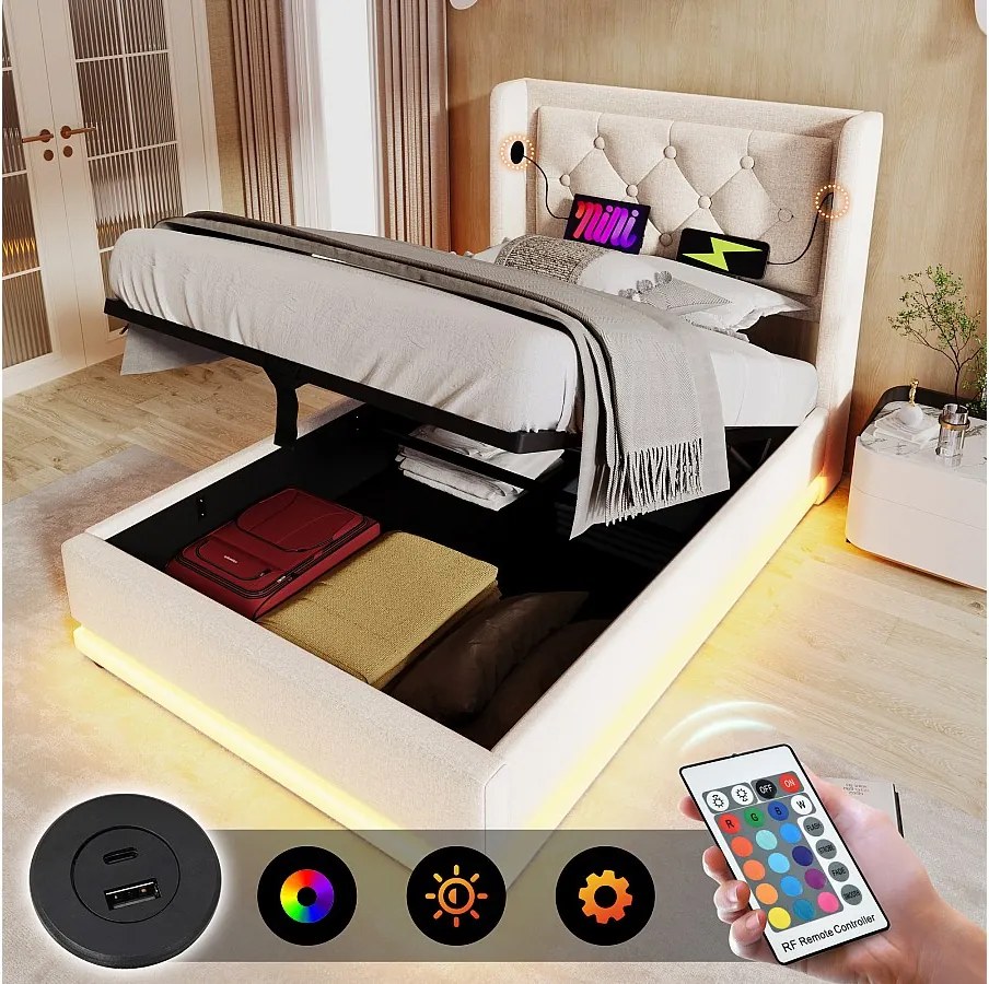 Łóżko ze schowkiem 90x200 cm, beżowa bawełna, łóżko młodzieżowe z diodą LED i ładowaniem przez USB, bez materaca