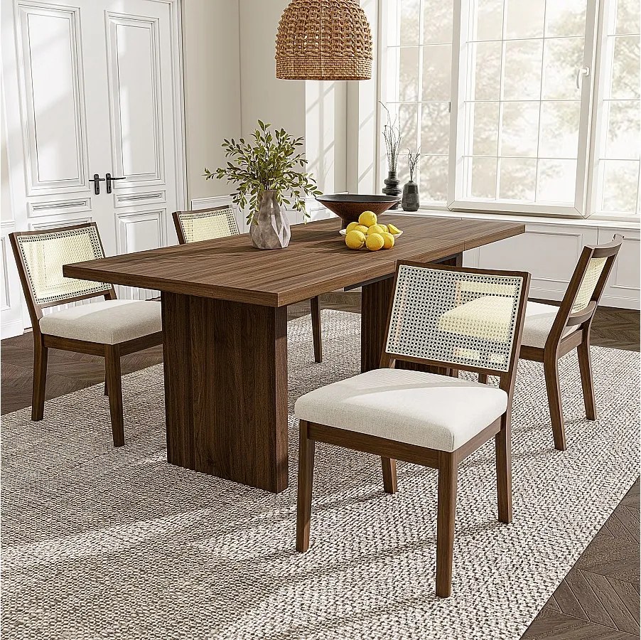 Zestaw 4 krzeseł do jadalni z litego drewna z oparciami z rattanu - 48 x 61 x 78,5 cm - Styl nowoczesny - len - brązowy