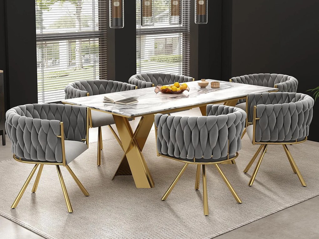 Zestaw 6 aksamitnych krzeseł obrotowych z podłokietnikami - złote metalowe nogi - Szary