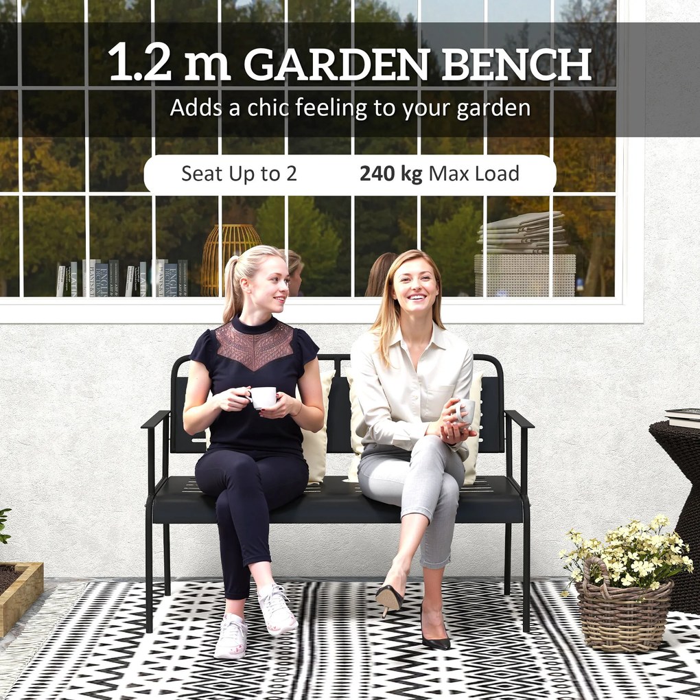 Outsunny Ławka Ogrodowa 2-osobowa, Odporna na Wodę z Oparciem i Podłokietnikami 121 x 64 x 84cm, Czarna
