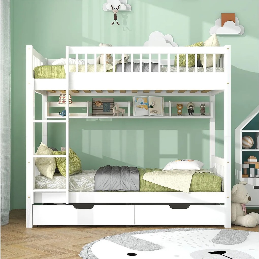 Wyjmowane łóżko piętrowe 2 x 90 x 200 cm z płyty MDF i drewna sosnowego - 2 szuflady i półka do przechowywania - białe