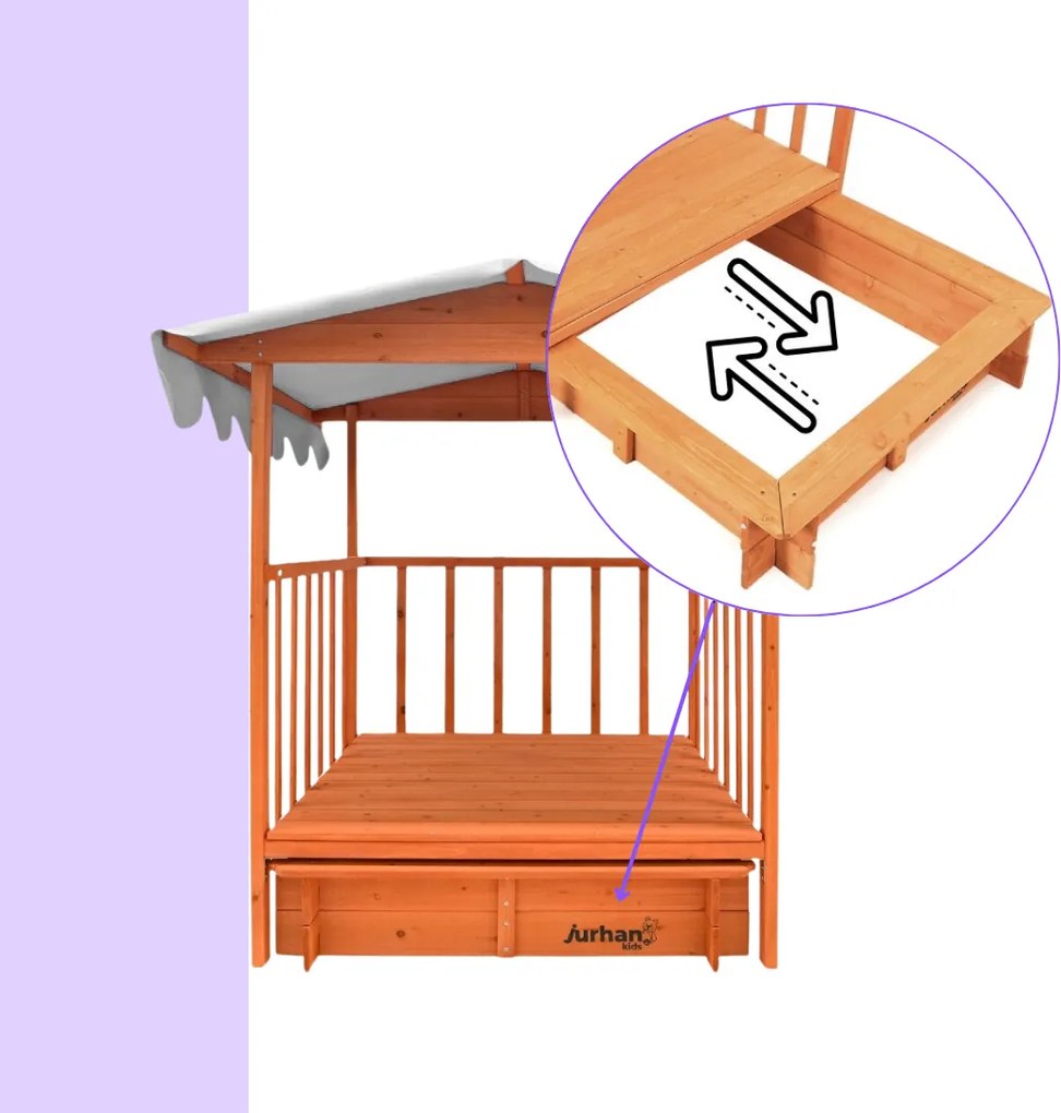 Piaskownica z werandą HAPPY, lita sosna 130 x 130 x 143 cm, brązowo szary Jurhan