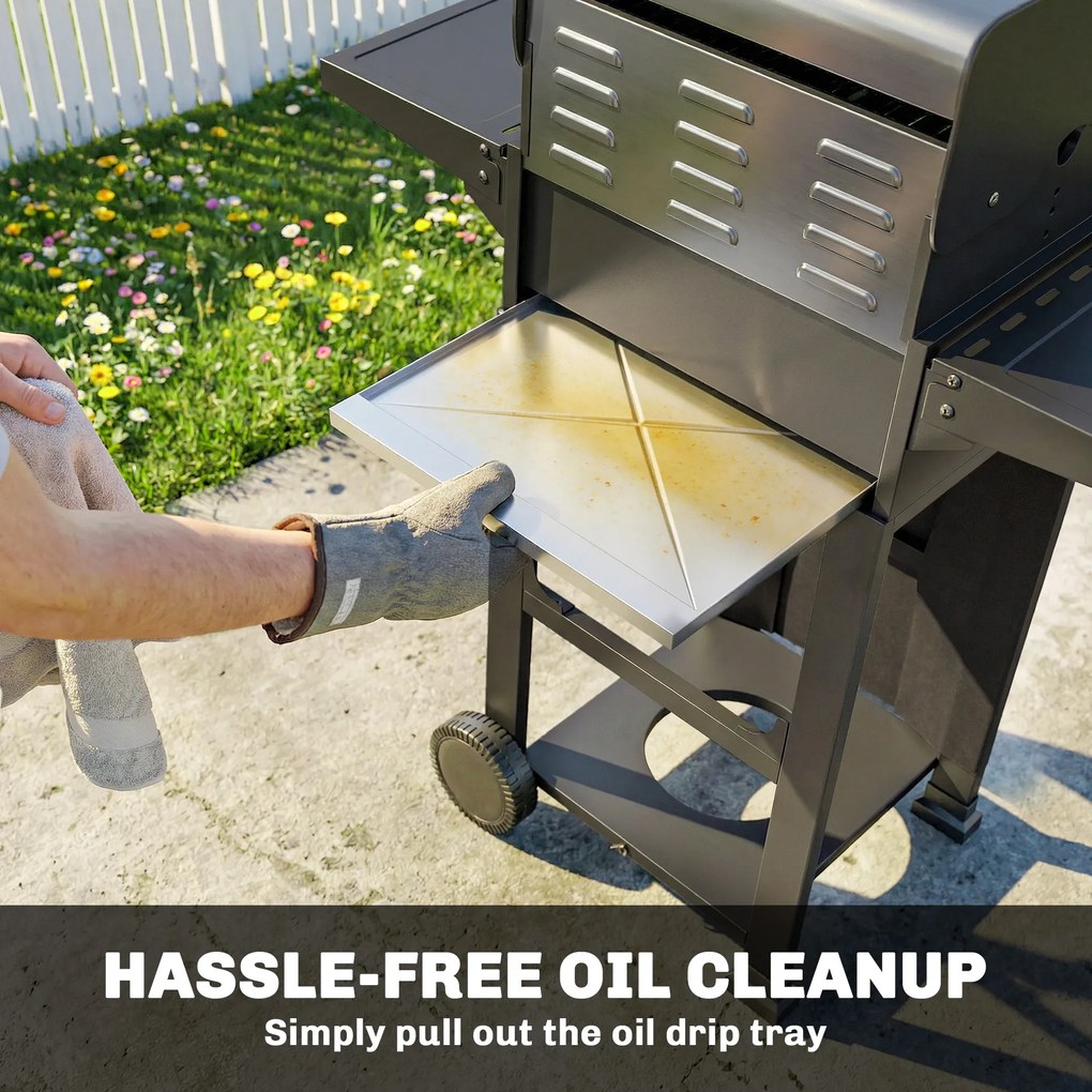 Outsunny Grill gazowy 5,4 kW, 2 palniki, stalowy wózek grillowy z termometrem, chromowany ruszt i półka do podgrzewania | Aosom PL