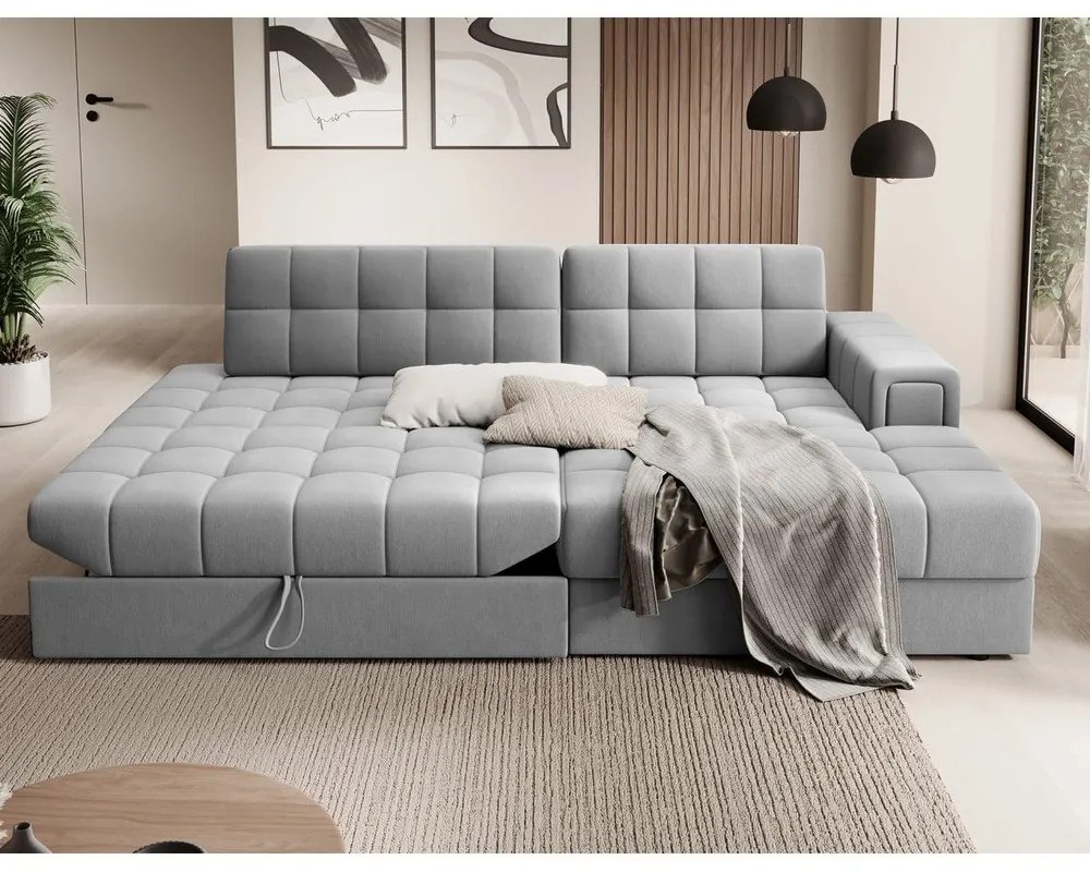 Szary aksamitny rozkładany narożnik (prawostronny/z szezlongiem) Blezalt – ELTAP