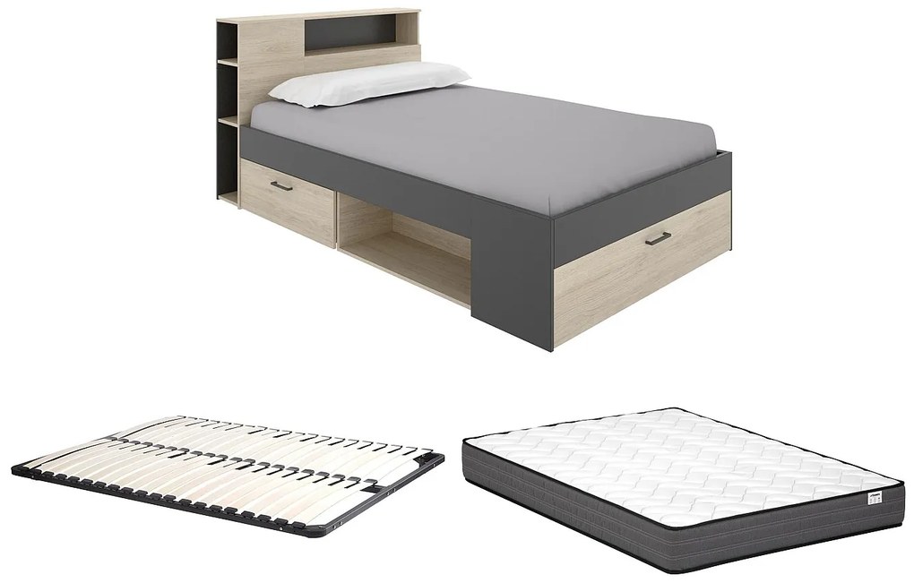 Łóżko z zagłówkiem ze skrzynią i i szufladami - 120 x 190 cm - Naturalny i antracytowy + Stelaż + Materac - LEANDRE