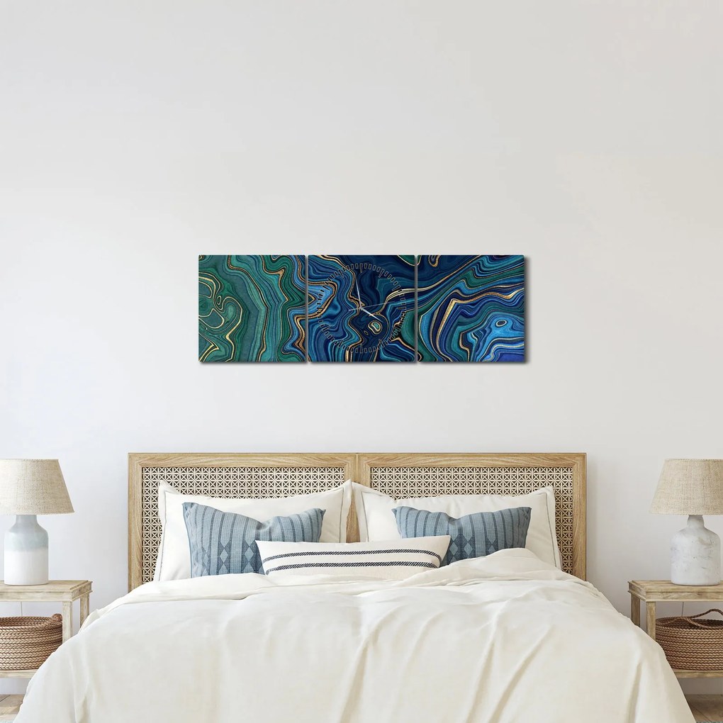 Obraz - Zielono - niebieski marmur (z zegarem) (90x30 cm)