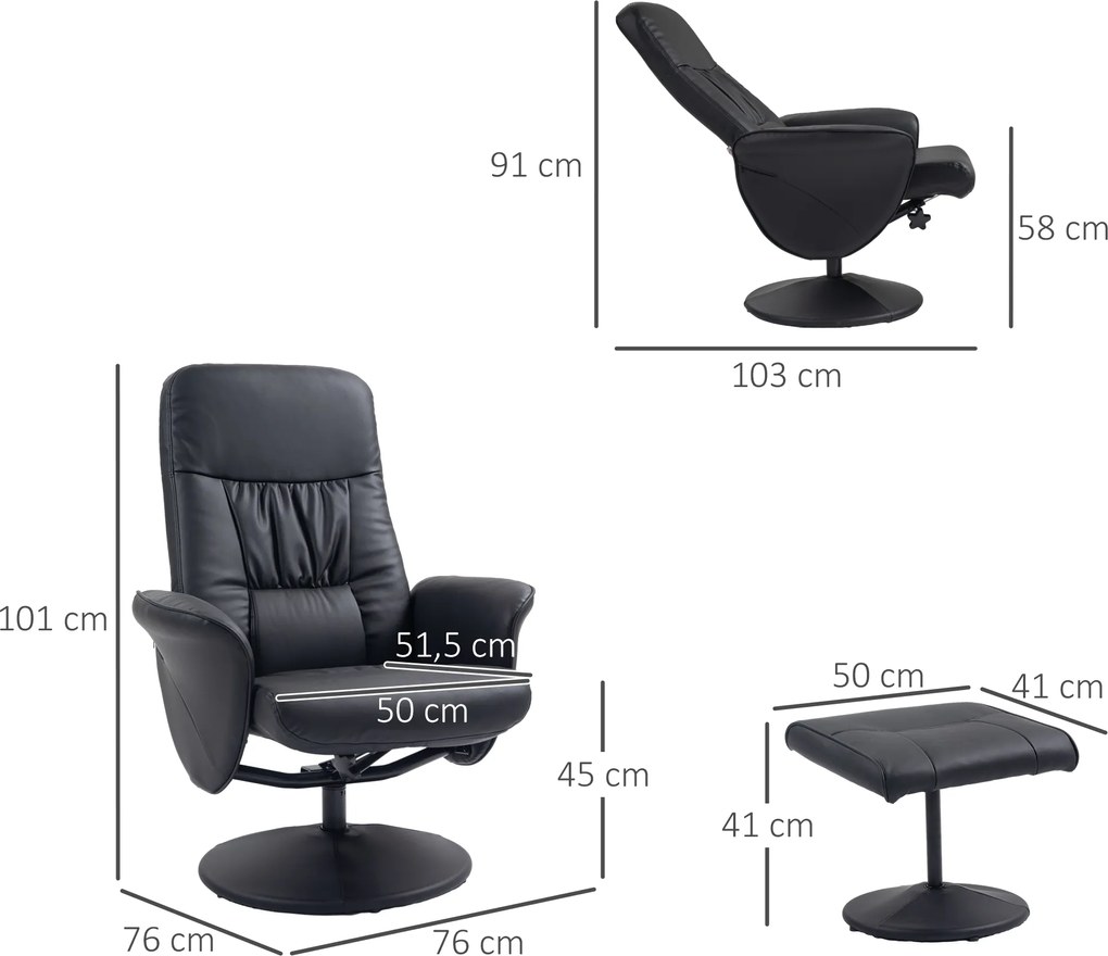 HOMCOM Fotel Relaksacyjny z Podnóżkiem Obrotowy Skóra Ekologiczna Czarny | Aosom PL