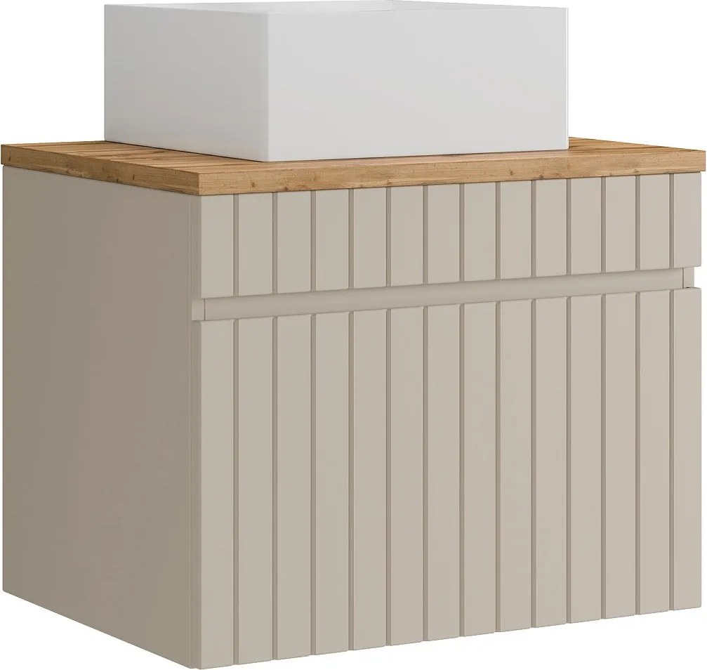 Wisząca szafka łazienkowa prążkowana beżowa z umywalką nablatową kwadratową – 60 cm – SATARA