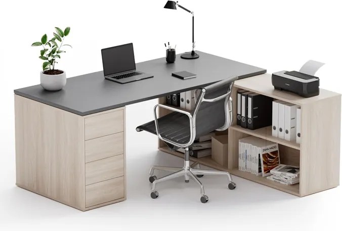 Biurko z przestrzenią do przechowywania BLOCK B04, 180x160 cm, dąb naturalny/grafit