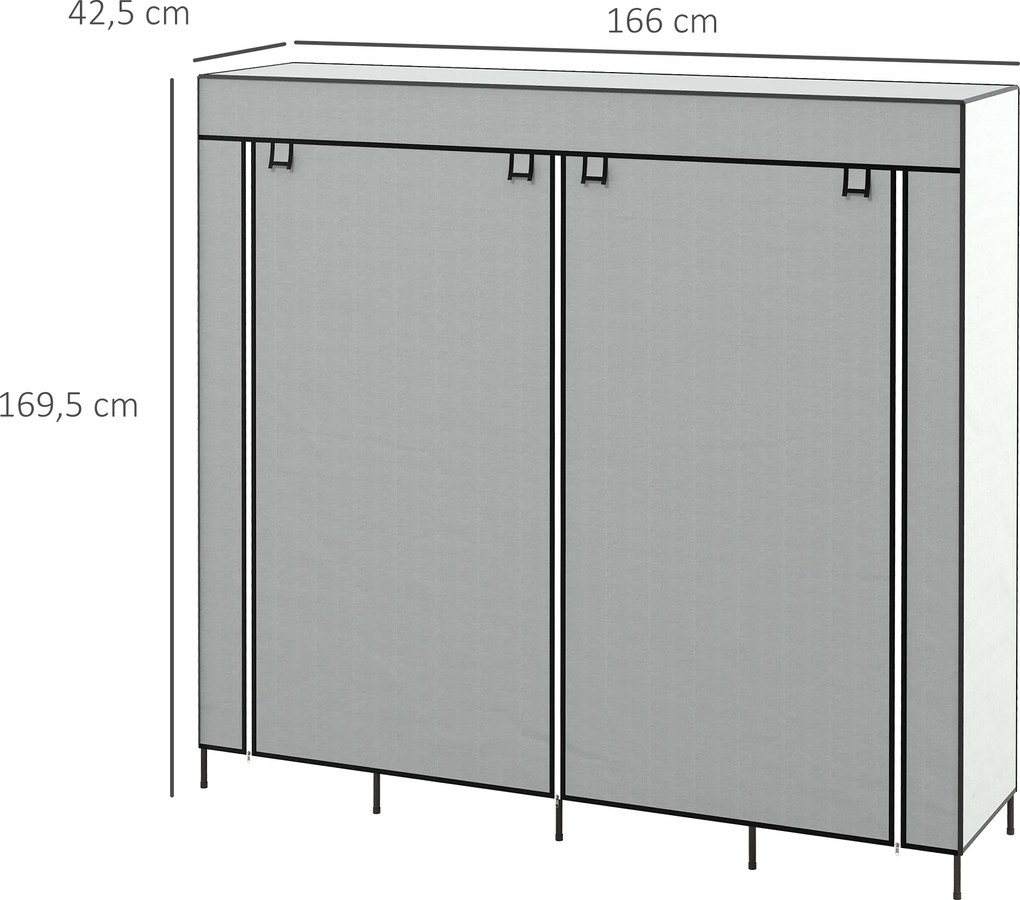 HOMCOM Szafa z tkaniny, drzwi, 2 drążki na ubrania, 10 przegródek, Szary