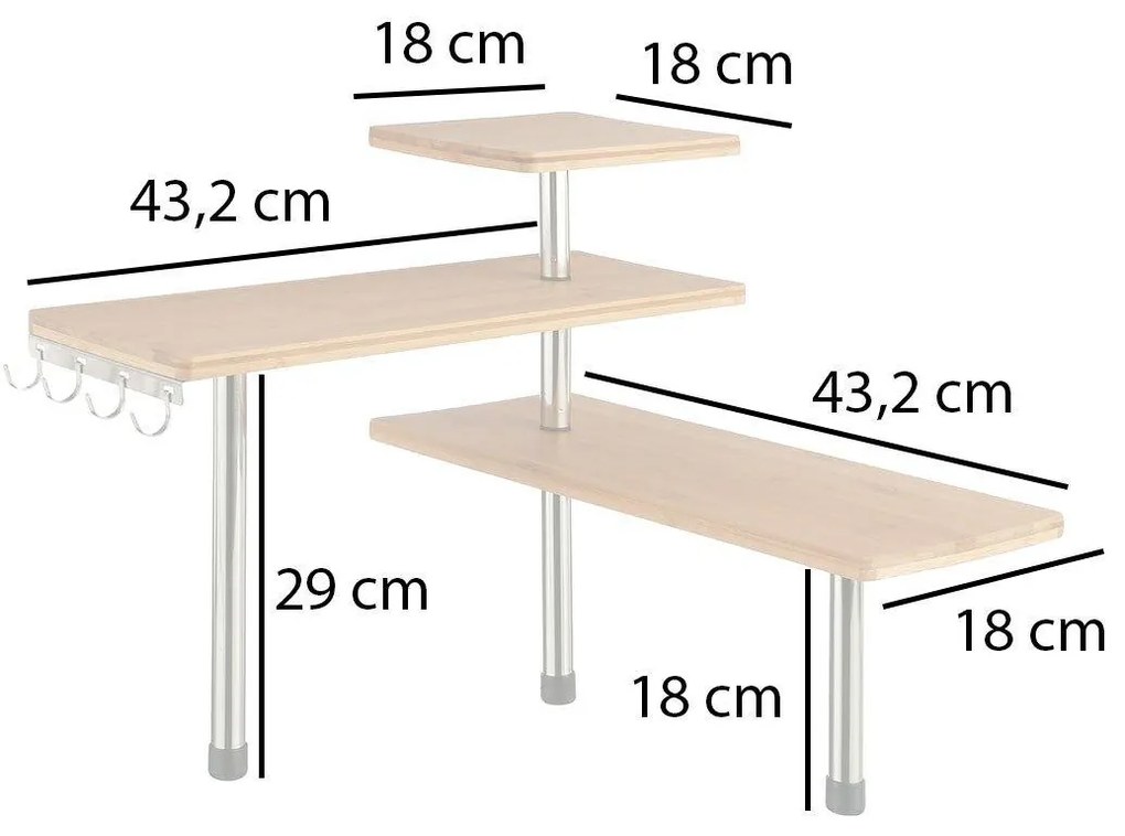 Narożna półka kuchenna, bambusowa - 3 poziomy, 4 haczyki