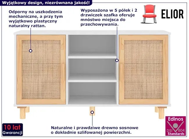 Biała komoda w stylu boho na nóżkach - Lucda 5X