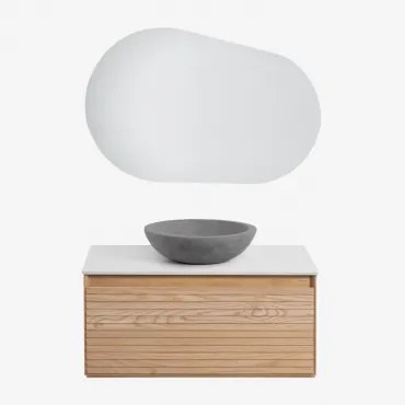 Zestaw Wiszących Mebli Łazienkowych Z Drewna Jesionowego Tedrik Popielaty Brąz & Okrągły Szary Cement Ø40 Cm - Sklum