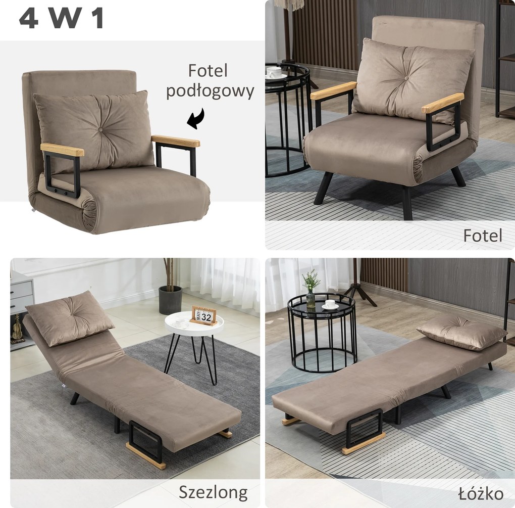 HOMCOM Rozkładany fotel łóżko dla gości z regulowanym oparciem metalowa rama do 120 kg jasnobrązowy | Aosom PL