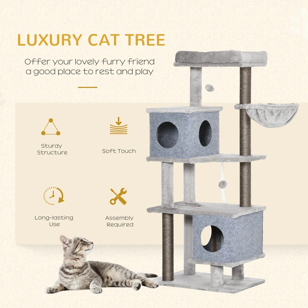 PawHut Drapak dla Kota Szary z 2 Domkami Platformami i Kula do Zabawy 60x40x142cm Bezpieczny i Stabilny | Aosom PL