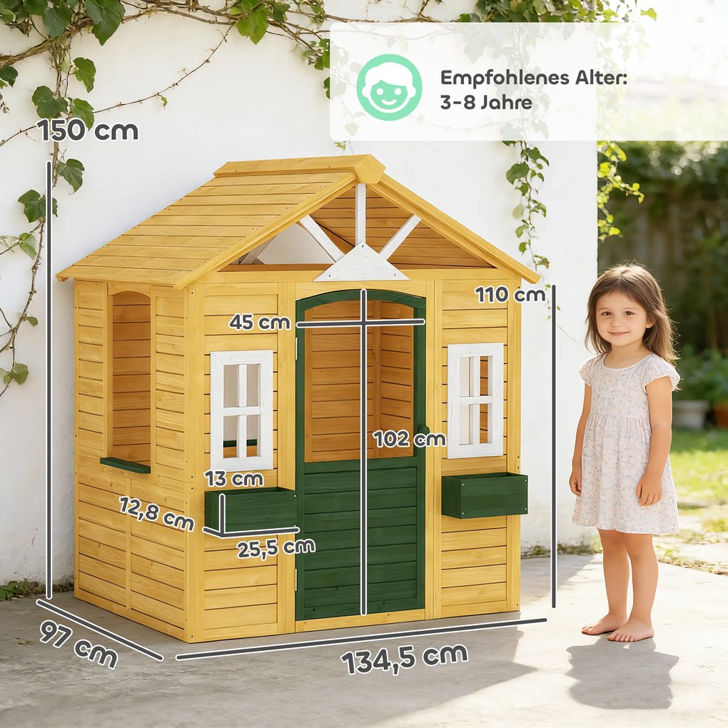 AIYAPLAY Drewniany domek ogrodowy dla dzieci z drzwiami, 3 oknami i 2 skrzynkami na kwiaty, dla dzieci w wieku 3-8 lat, 134,5 x 97 x 150 cm, brązowy | Aosom PL