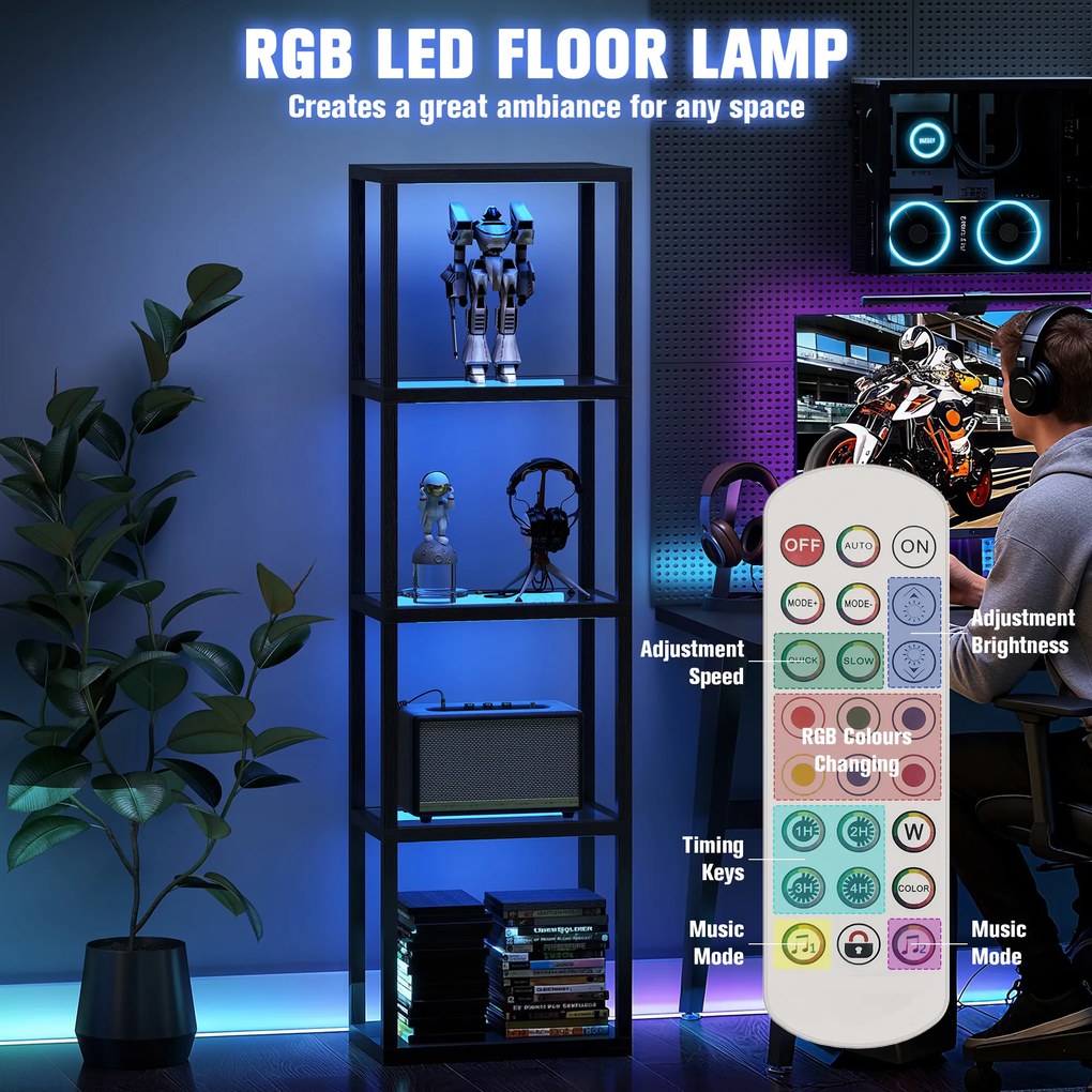 HOMCOM RGB lampa stojąca z szklanymi półkami, 4-poziomowa lampa LED z pilotem, synchronizacja muzyki, czarna