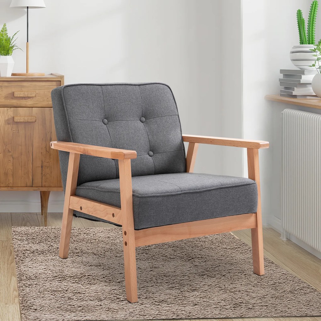 HOMCOM Fotel wypoczynkowy tapicerowany z podłokietnikami na drewnianym stelażu szary len 64x70x70 cm | Aosom PL