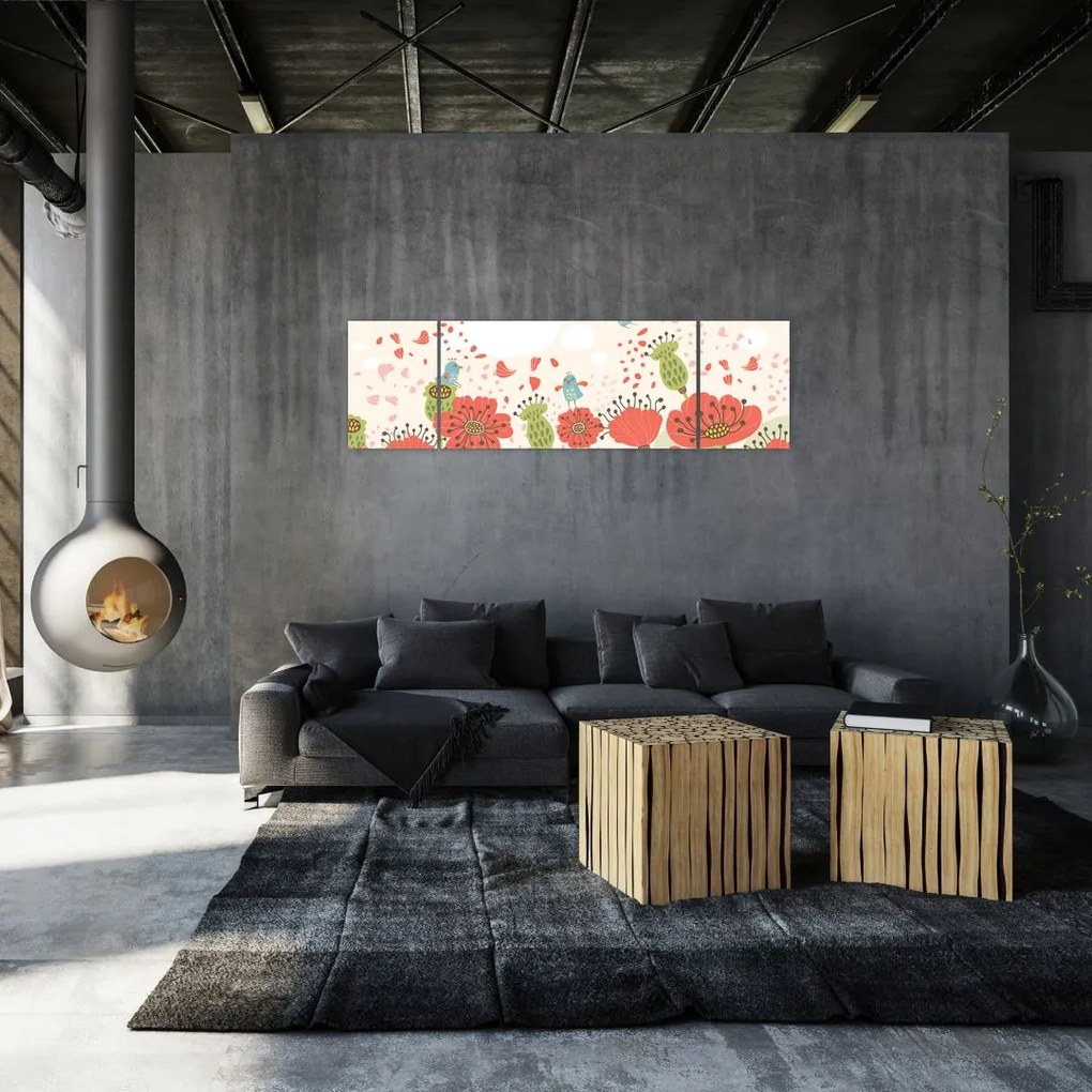 Obraz - Ptaszki na kwitnącej łące (170x50 cm)