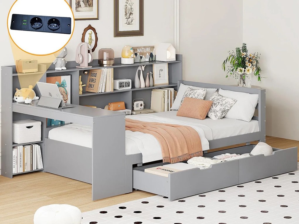 Rozkładana kanapa z litego drewna 90×200 cm - z biurkiem - z 2 szufladami - z gniazdkiem elektrycznym - szary (materac nie jest dołączony)