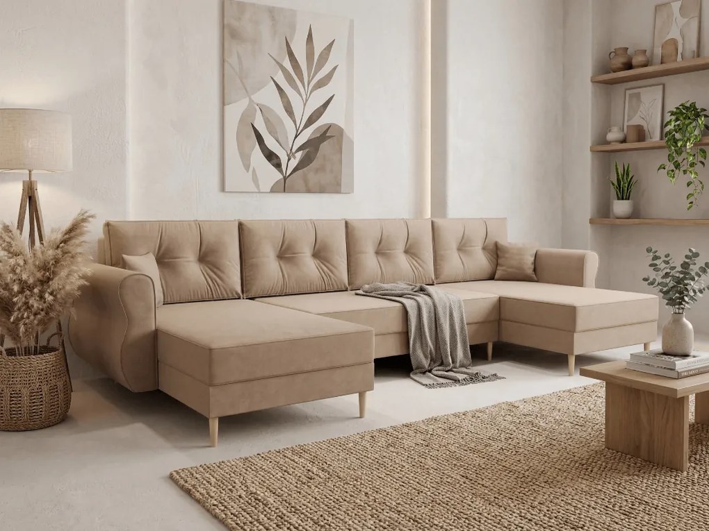 PROMOCJA Rozkładany zestaw wypoczynkowy w kształcie U SILVIANO 300x140 cm, beżowy + 2 poduszki GRATIS II jakość