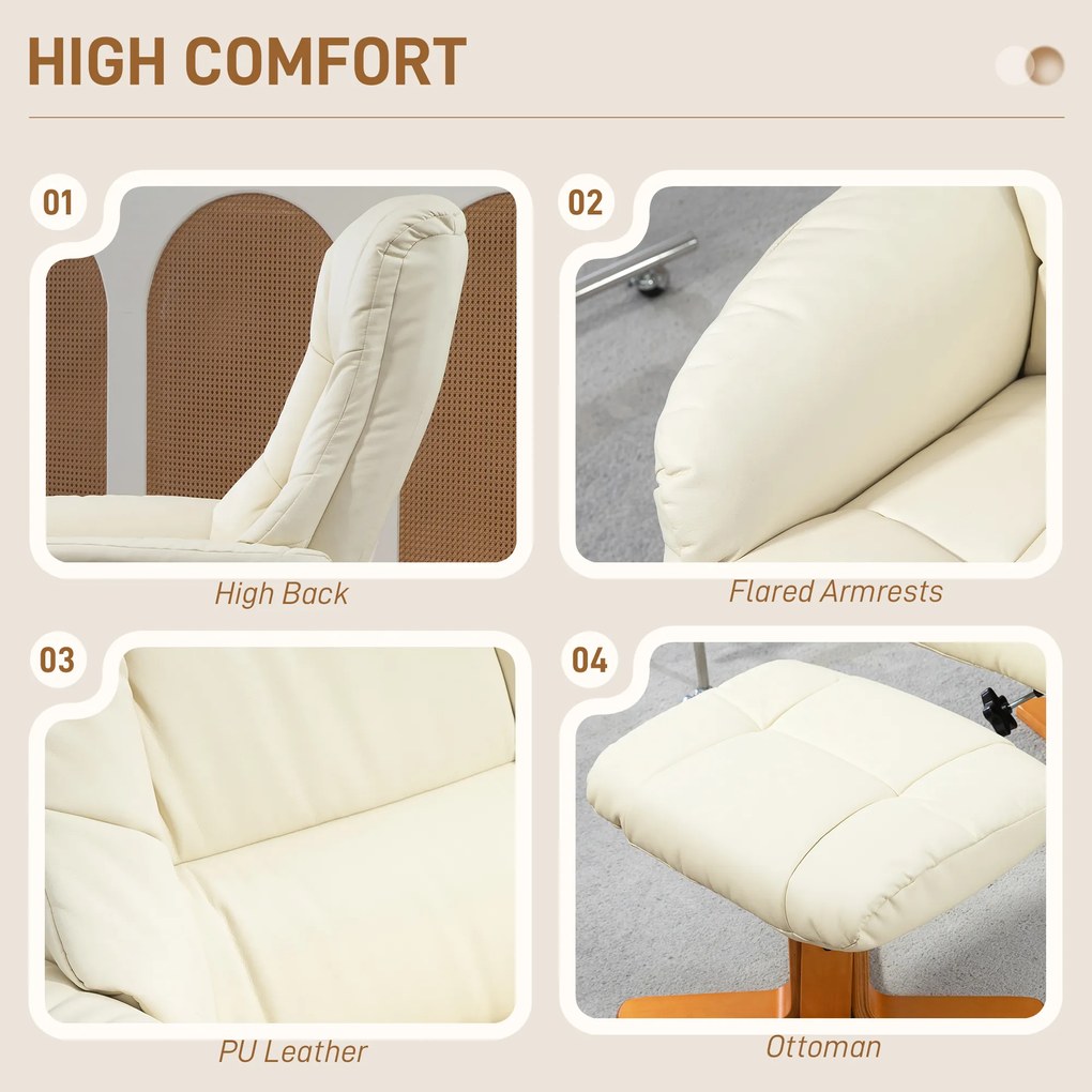 HOMCOM Fotel Wypoczynkowy z Podnóżkiem, Funkcja Leżenia, Pokrycie Skóra Ekologiczna, do 150 kg, 71 x 84 x 102 cm, kolor Kremowy