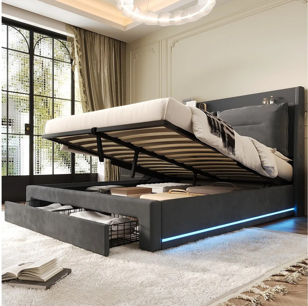 Łóżko ze schowkiem 140 x 190 cm z wezgłowiem i 2 szufladami - LED - Aksamit - Ciemnoszary (bez materaca)