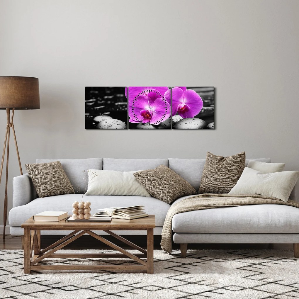 Obraz - Fioletowe orchidee (z zegarem) (90x30 cm)