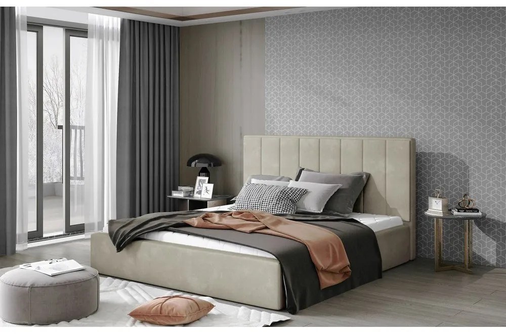 Beżowe tapicerowane łóżko dwuosobowe ze schowkiem ze stelażem 140x200 cm Audrey – ELTAP