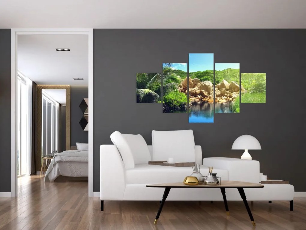 Obraz jeziora w dżungli Seszeli (125x70 cm)
