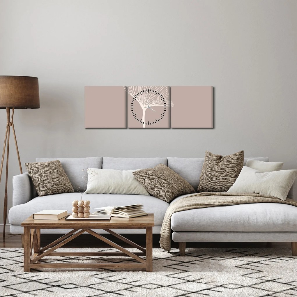 Obraz - Beżowe liście N⁰5 (z zegarem) (90x30 cm)