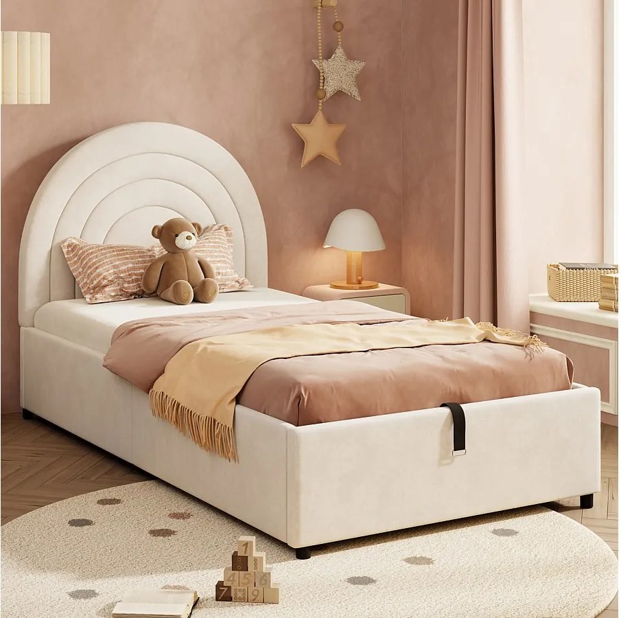 Łóżko dziecięce tapicerowane - 90 x 200 cm - z hydraulicznym schowkiem + zagłówek - welur - beż