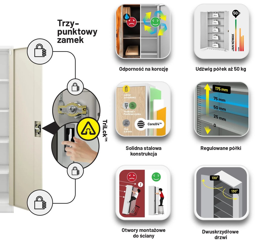 Biurowa szafa metalowa JAN, 900 x 1850 x 400 mm, Eco Design: biała/ dąb sonoma