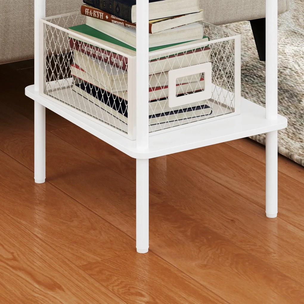 HOMCOM Nowoczesny Stolik Boczny 2-poziomowy z Przestrzenią do Przechowywania i Metalową Ramą do Salonu, Sypialni, Biały