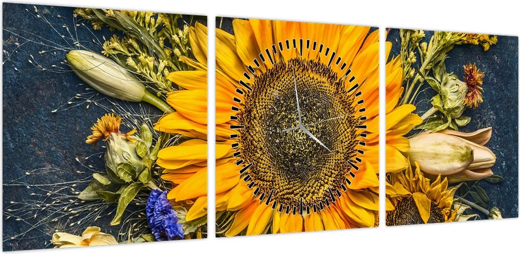Obraz - Jesienne kwiaty (z zegarem) (90x30 cm)