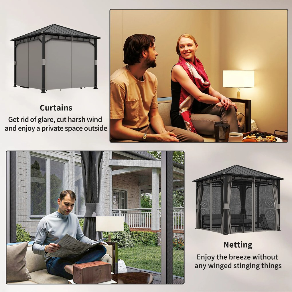 Outsunny Pawilon 3 x 3 m Wodoodporny Stabilny Odporna na zimę Altana ogrodowa z bocznymi ściankami, siatkami, hakiem, twardy dach Ciemnoszary | Aosom PL
