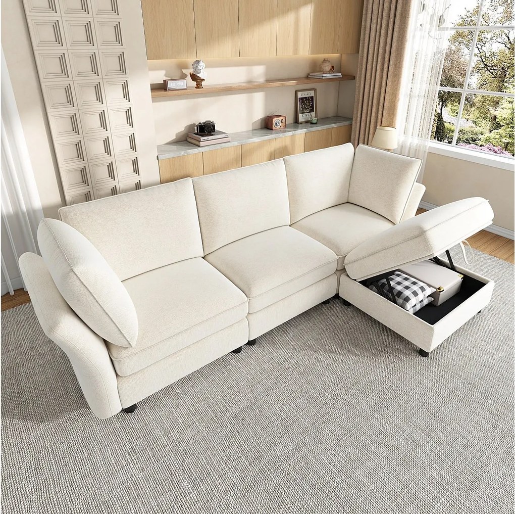 Modułowa narożna sofa w kształcie litery L z pufem ze schowkiem i poduszkami – Chenille – 225 x 137 x 84 cm – 4/5-osobowa – beżowa