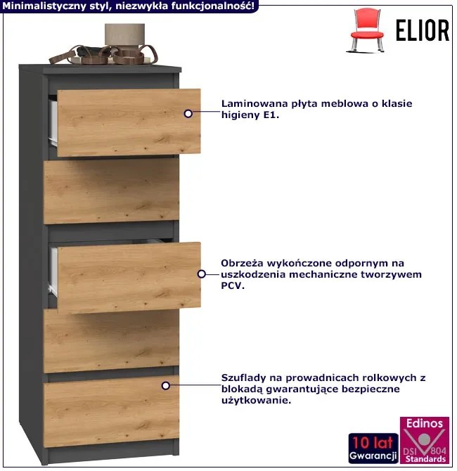 Nowoczesna wąska komoda z 5 szufladami dąb artisan + antracyt - Tamcha