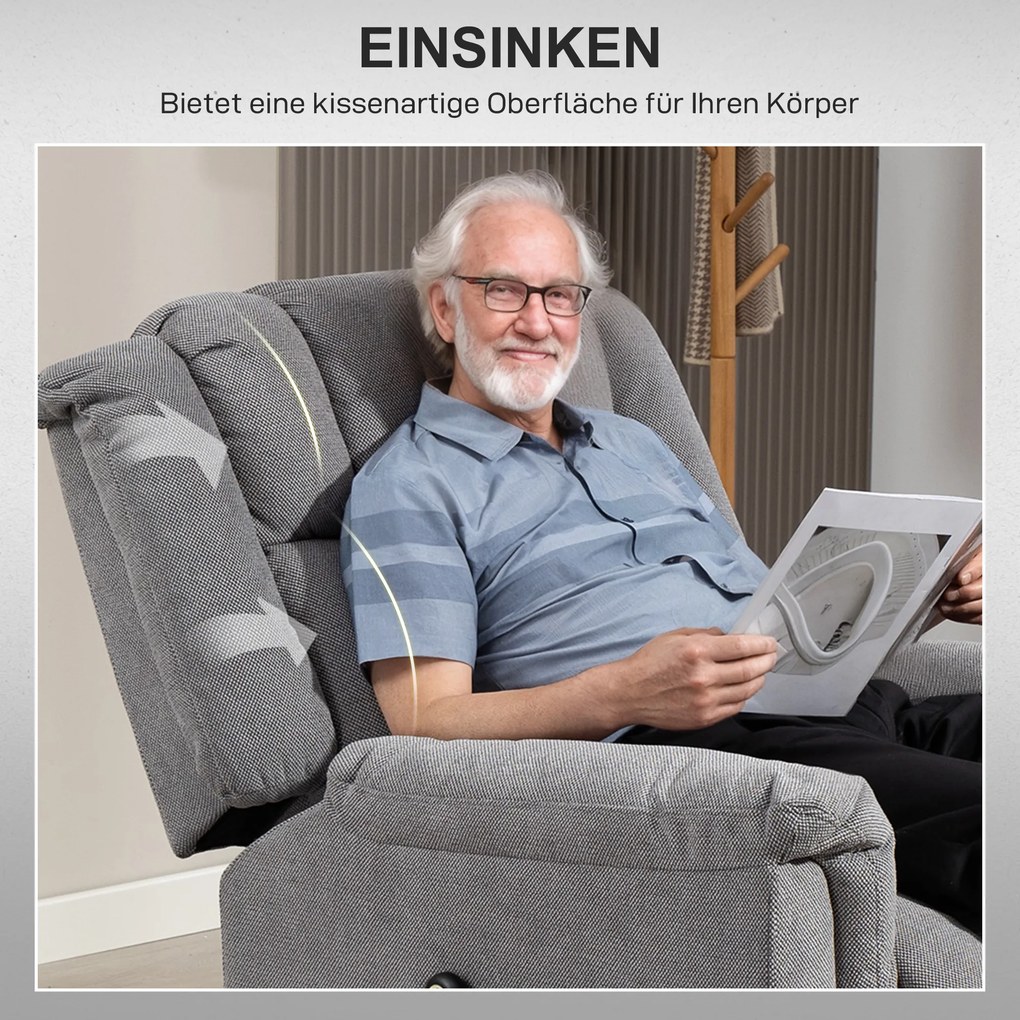 HOMCOM Fotel z Powerlift, Masujący z Funkcją Ciepła, Fotel z Podnóżkiem i Boczną Kieszenią, Obicie z Tkaniny, Ciemnoszary