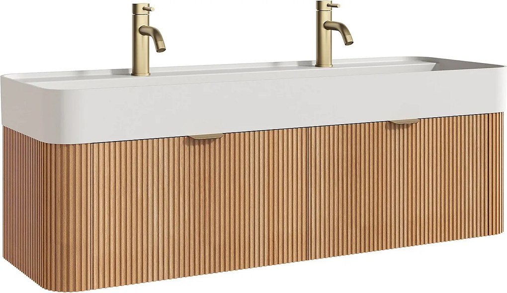 Wisząca szafka łazienkowa z prążkowanego drewna jesionowego z podwójną umywalką podblatową do zabudowy i baterią - Jasny naturalny - 120 cm - BULMAS