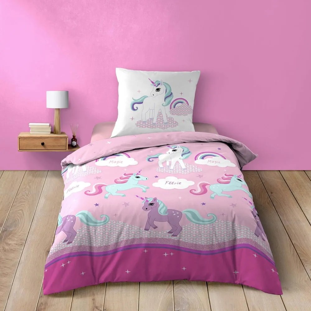 Różowa bawełniana pościel dziecięca jednoosobowa 140x200 cm Licorne – douceur d'intérieur