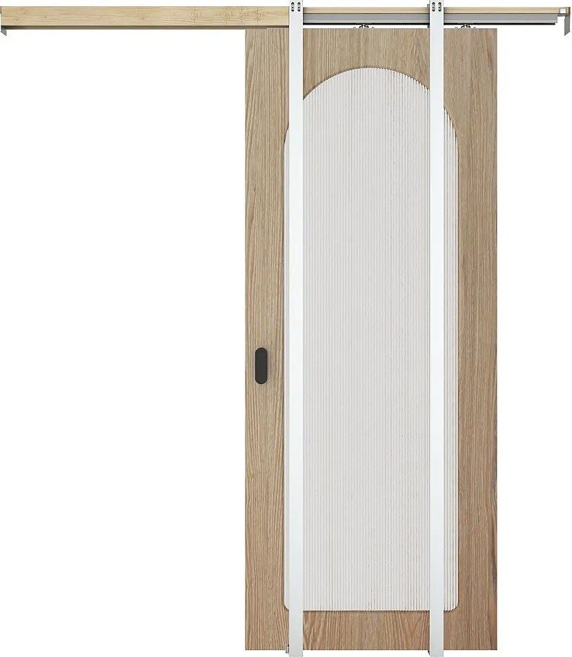 Drzwi przesuwne chowane w ścianie drewniane i z MDF - łuk z żebrowanego szkła hartowanego - W205 x S83 cm - ODEZA