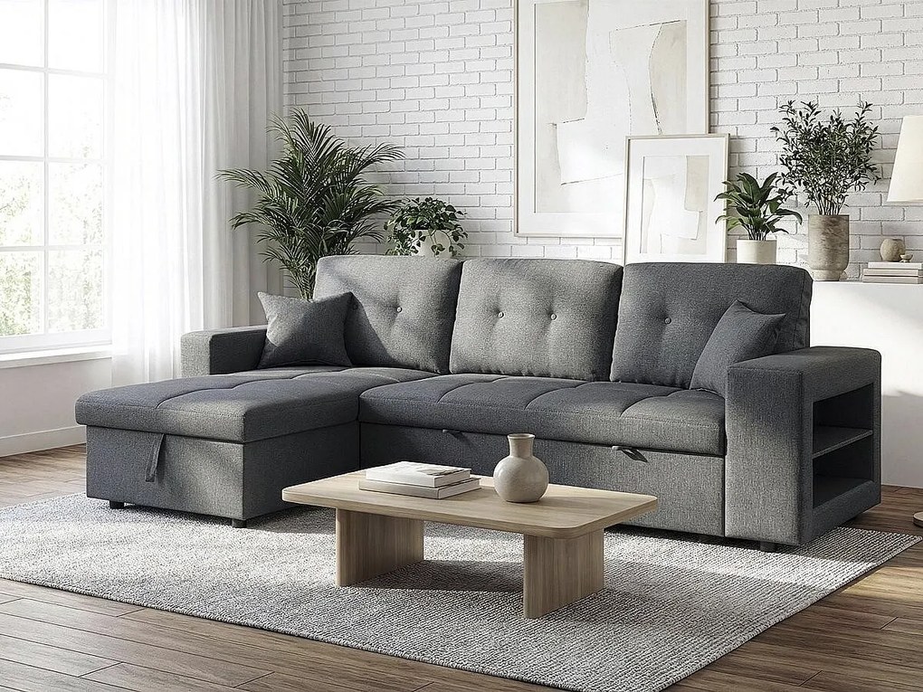 Rozkładana sofa narożna 3-osobowa "Axel" szara, tkanina styl bubble, odwracalny narożnik, pojemnik i wbudowana półka