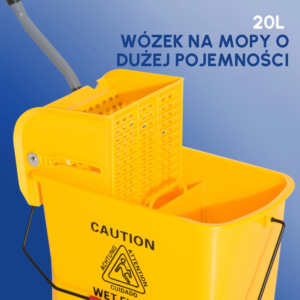 HOMCOM Profesjonalny Wózek do Sprzątania z Wiadrem i Praską Kolor Żółty 63x27x67cm | Aosom PL