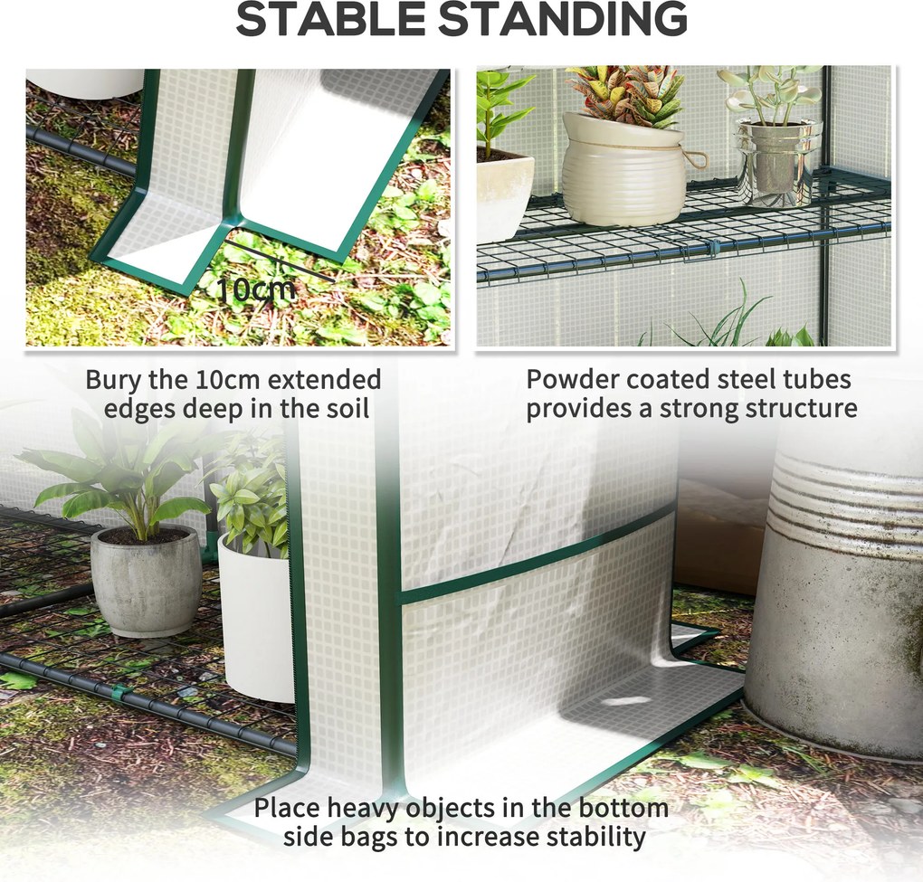 Outsunny Mini szklarnia z 3-poziomową półką, osłona z plastiku, odporna na UV, przenośna, drzwi rolowane, 144 x 48 x 152 cm, Biała