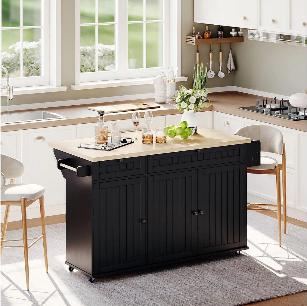 Wyspa kuchenna ze składanym blatem, 6 blokowanymi kółkami i 2 szufladami – czarna