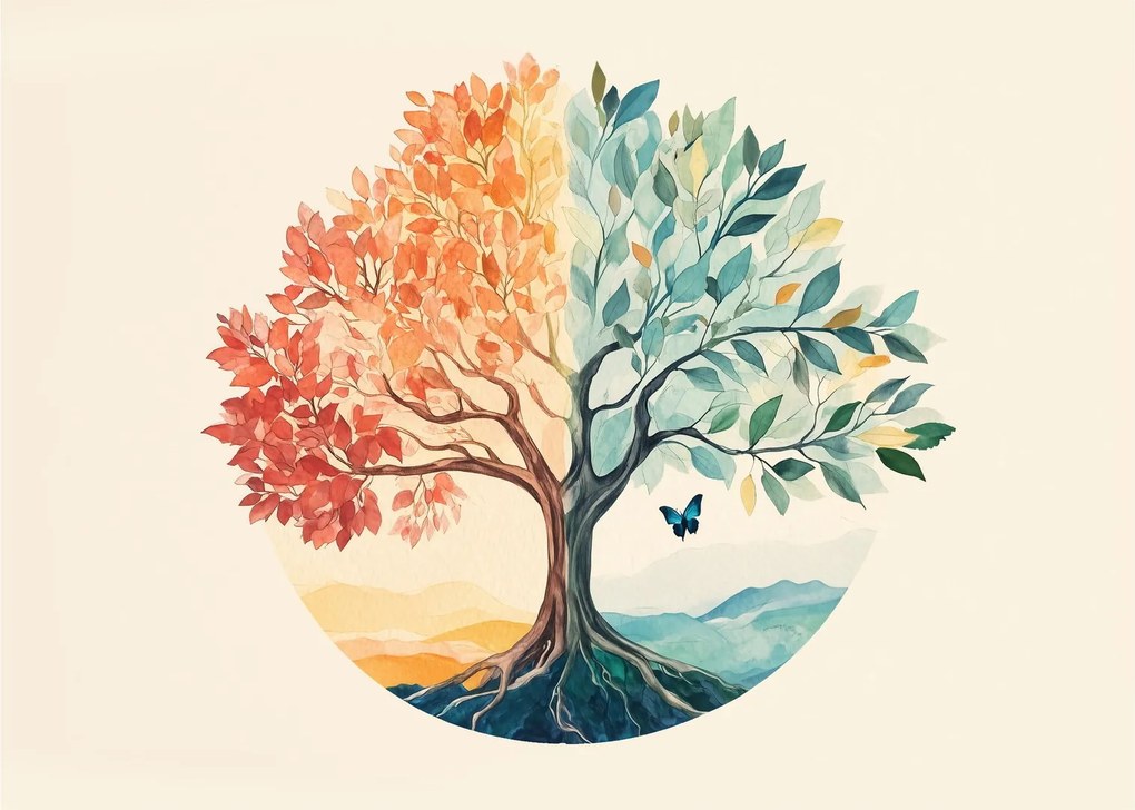 Obraz na szkle – Podwójne drzewo z motylem (70x50 cm)
