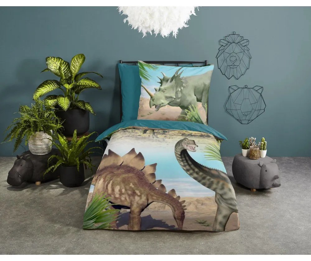 Zielona/niebieska bawełniana pościel dziecięca jednoosobowa 140x200 cm Dino – Good Morning