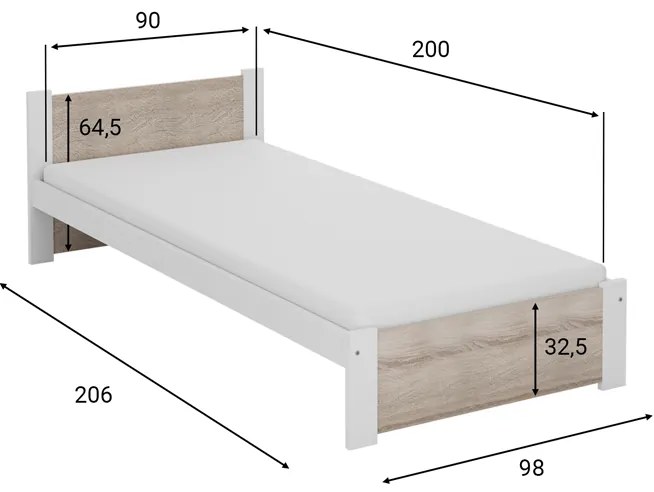 Łóżko IKAROS 90 x 200 cm, białe/dąb sonoma Stelaż: Ze stelażem listwowym rolowanym, Materac: Materac Somnia 18 cm