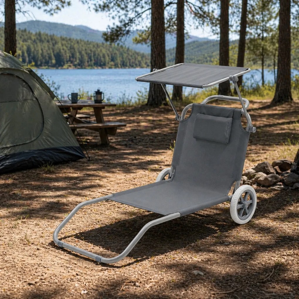 Leżak plażowy Solmare z daszkiem i kołami - składany leżak ogrodowy, ciemnoszary
